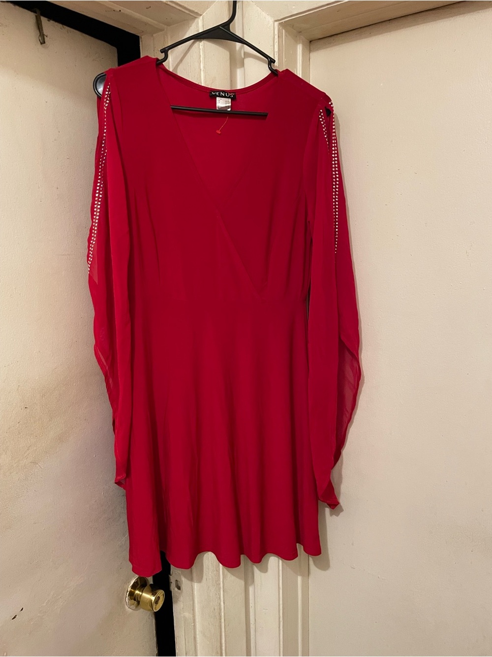 VENUS Women’s Red V-Neck 3/4 Sleeve A-Line Short Rhinestone Dress Size M